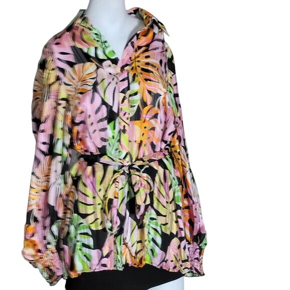 Women's Long Sleeve Button Up Leaf Print Shimmer Blouse Multicolor - Picture 6 of 8